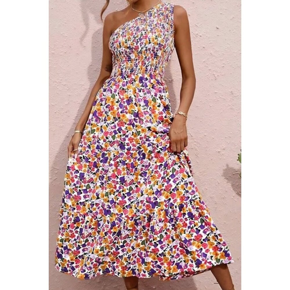 BTFBM Romantic Floral Smocked One-Shoulder Maxi Dress Tiered Size L Party Summer
